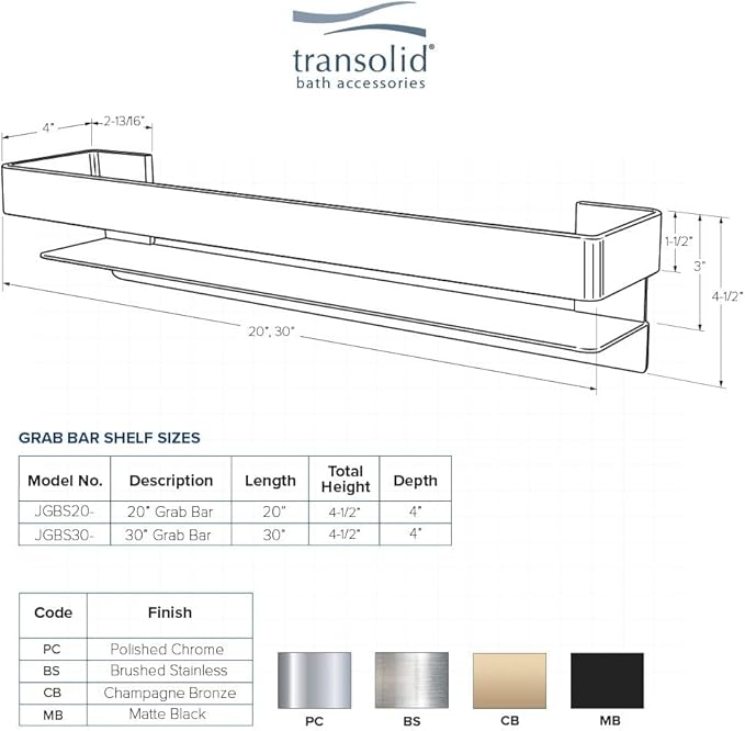 Transolid JGBS20-BS Jocelyn 20-in Grab Bar Shelf, Brushed Stainless