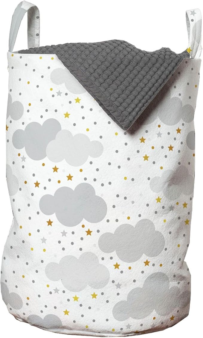 Ambesonne Clouds Laundry Bag Pack of 2, Themed Pattern with Dreamy Sky with Dots and Stars, Hamper Basket with Handles Drawstring Closure, 13" x 19", Grey Coffee