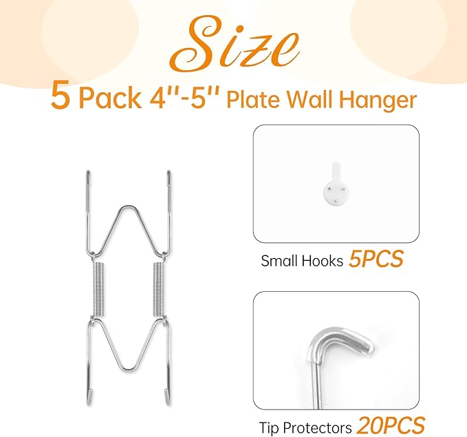 5 Pack Plate Hangers for The Wall, Suitable for 4-5 inch Art Plate, Stainless Steel Invisible Heavy Duty Wire Plate Holder with Wall Hooks, Plate Hangers for Displaying Plates, Platter, Dish, Silver