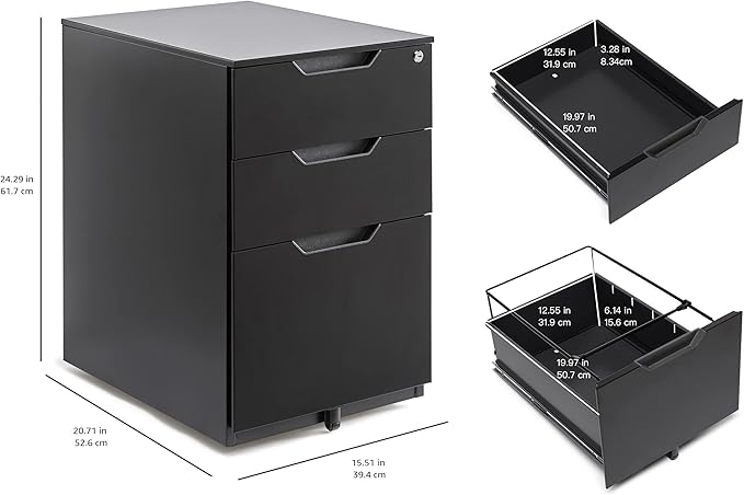 Amazon Basics 3-Drawer Mobile File Cabinet with Lock, Rolling Filing Cabinet for Hanging Files, Black, 20.71" D x 15.51" W x 24.29" H | With Lock, 3 Drawer
