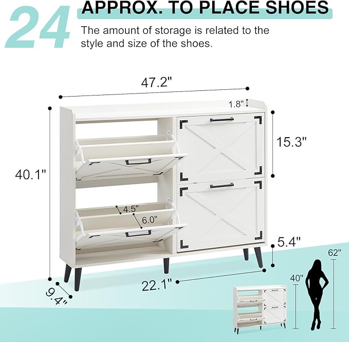 Shoe Storage Cabinet,Farmhouse Shoe Organizer with 4 Flip Drawers & Barn Door Design,Freestanding Hidden Slim Narrow Shoe Rack Cabinet for Entryway,Foyer,Hallway,Antique White