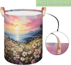 Spring Daisy Floral Collapsible Laundry Basket Large Laundry Hamper Waterproof Foldable Storage Bins Laundry Basket with Leather Handles Clothes Nursery Hampers
