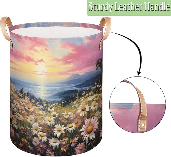 Spring Daisy Floral Collapsible Laundry Basket Large Laundry Hamper Waterproof Foldable Storage Bins Laundry Basket with Leather Handles Clothes Nursery Hampers