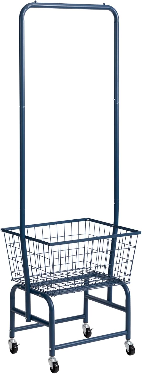 ALIMORDEN Laundry Cart with Clothes Rack, Rolling Laundry Butler with Wire Storage Rack，Navy Blue