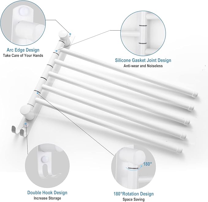 5-Arm Stainless Steel Swivel Towel Rack with Hook: Wall-Mounted, Rustproof Space-Saver for Bathroom & Kitchen-180° Rotation, 14kg Capacity(White)
