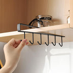 1 Pack Hanging Hooks Rack Under Cupboard Cabinet Cup Holder 6 Hooks Drilling Free Coffee Mug Holder Kitchen Utensil Storage Organizer Hook Rack (Black)