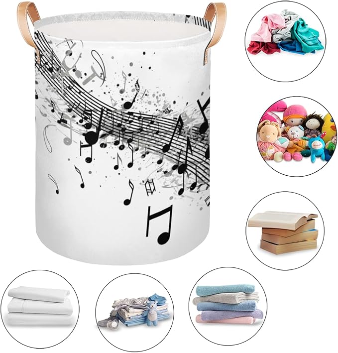 Musical Notes and Clef Sheet Print Collapsible Laundry Basket Large Laundry Hamper Waterproof Foldable Storage Bins Laundry Basket with Leather Handles Clothes Nursery Hampers