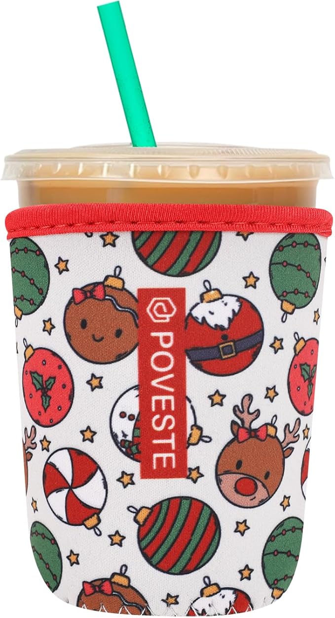 Reusable Neoprene Insulator Sleeve for Iced Coffee & Cold Soda, Coffee Sleeves for Iced & Hot Drinks, Cold Beverage Cooler Compatible with Starbucks, Dunkin (Chrsitmas Party, Small: 16-18oz)