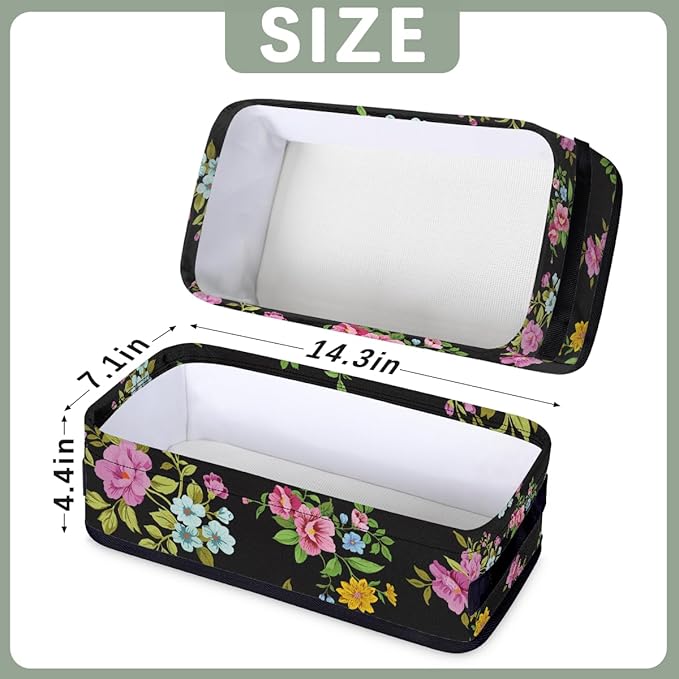Toilet Tank Topper Paper Basket with Handle, Black Floral Bathroom Storage Basket for Organizing, Small Fabric Storage Bins for Bathroom Decor, Polyester