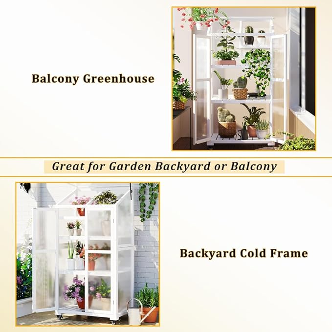 Sturdy Wooden Greenhouse for Balcony or Backyard Use with Rolling Wheels and Adjustable Shelving for Plant Growing (White + Solid Wood + Wood)