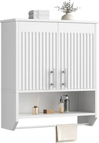 HOOBRO Fluted Bathroom Wall Cabinet, Farmhouse Medicine Cabinet with 2 Fluted Doors, Wall Storage Shelf with Towel Rack, Adjustable Shelf, for Small Spaces, Bathroom, Kitchen, White