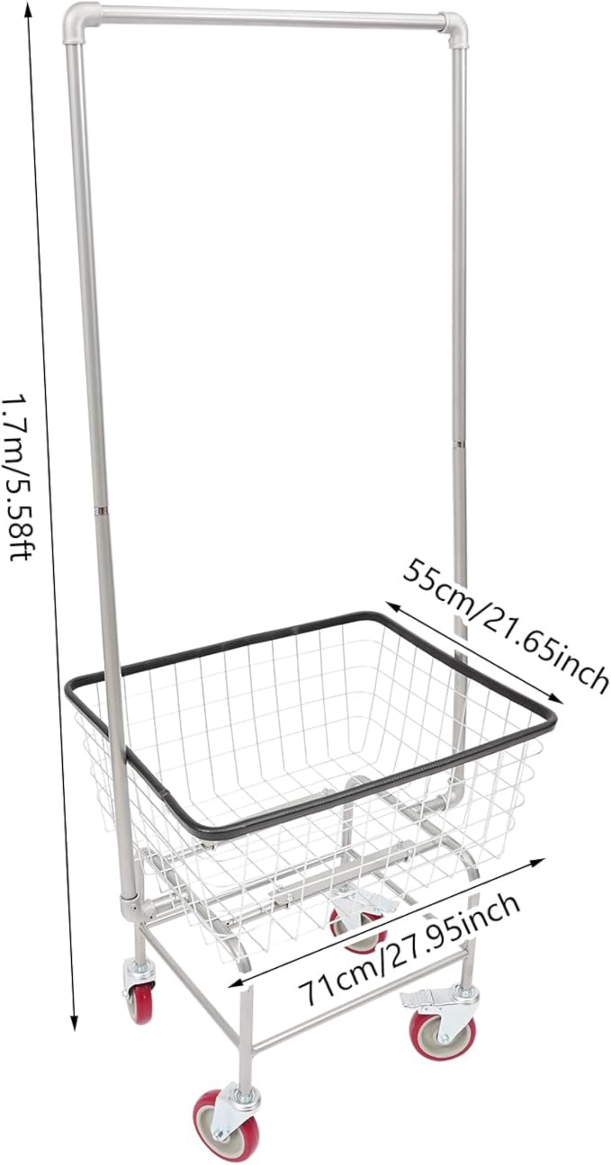 67"H Laundry Cart, Rolling Laundry Basket with Hanging Rack & Wheels, Metal Steel Wire Clothes Hamper with Storage Shelf for Homes, Hotels, Bathrooms & Commercial Laundry, 110lbs Capacity(B)