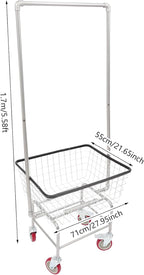 67"H Laundry Cart, Rolling Laundry Basket with Hanging Rack & Wheels, Metal Steel Wire Clothes Hamper with Storage Shelf for Homes, Hotels, Bathrooms & Commercial Laundry, 110lbs Capacity(B)