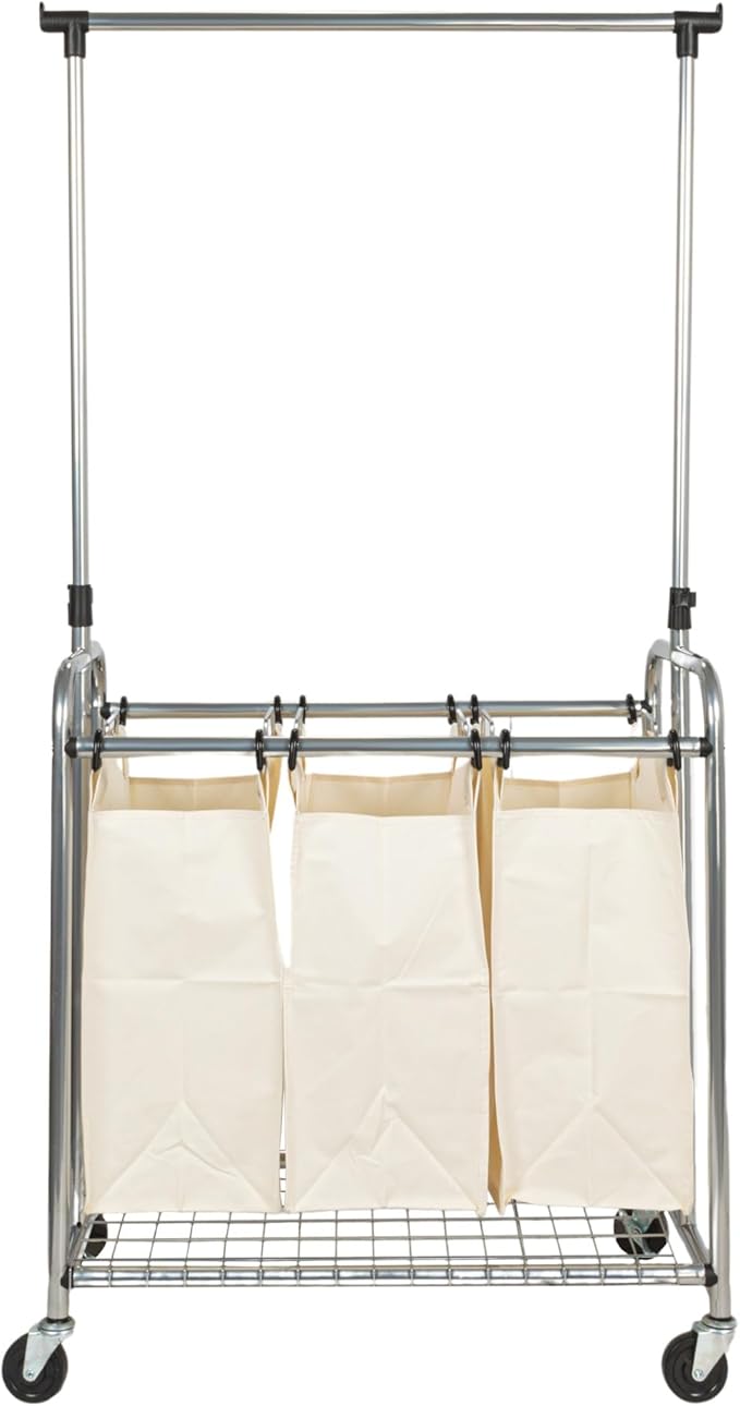 Household Essentials 3-Bag Laundry Sorter with Clothes Rack, Silver, Lightweight, Removable, Sturdy