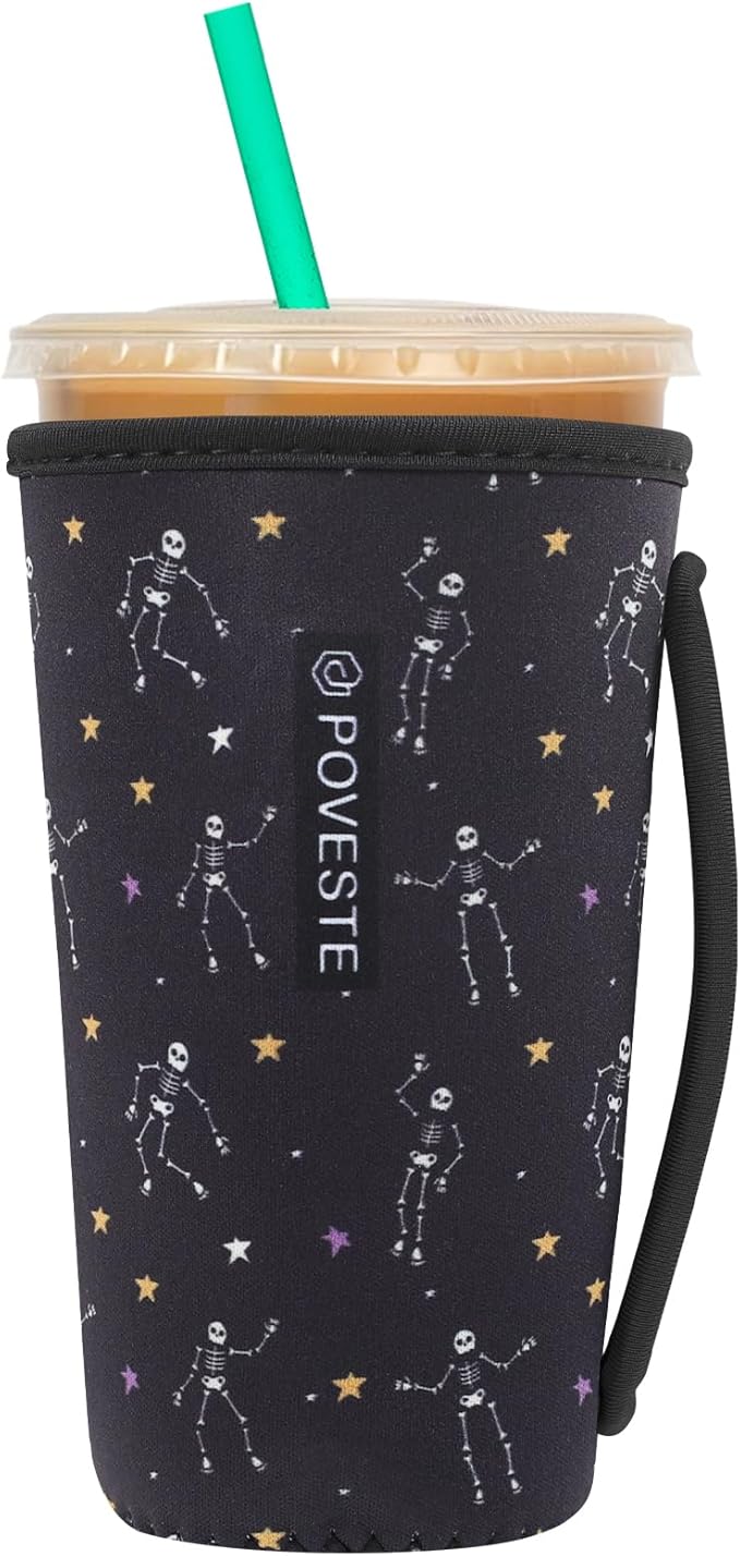 Reusable Neoprene Insulator Sleeve for Iced Coffee & Cold Soda, Coffee Sleeves for Iced & Hot Drinks, Cold Beverage Cooler Compatible with Starbucks, Dunkin (Dance Skull, Large: 32oz)