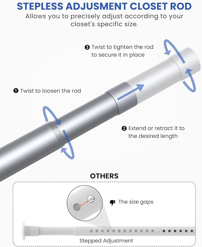 2 Pack Closet Rods for Hanging Clothes, 17 to 28 Inches Stepless Adjustable Metal Closet Rod, 1.3 Inches Heavy Duty Clothes Hanging Rod for Closet Wardrobes Laundry RV, Silver