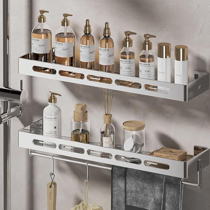 2-Tier Floating Shelf with Removable Hooks, 23.6 inches, Stainless Steel Wall Mounted Bathroom Shelves，Polishing