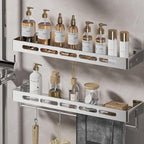 2-Tier Floating Shelf with Removable Hooks, 23.6 inches, Stainless Steel Wall Mounted Bathroom Shelves，Polishing