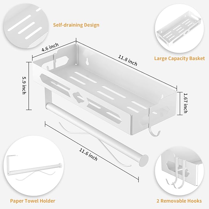White Paper Towel Holder Wall Mount with Shelf - Adhesive Hand Towel Rack, Space-Saving for Bathroom, Kitchen, RV Camper