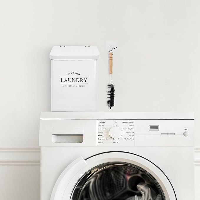 DreamsEden Laundry Lint Bin with Brush, Magnetic Wall Mount Container, 7 x 10 inch Steel Lint Collector 3.5L Storage Holder Organizer for Dryer Sheets Wool Balls Laundry Pods (White)