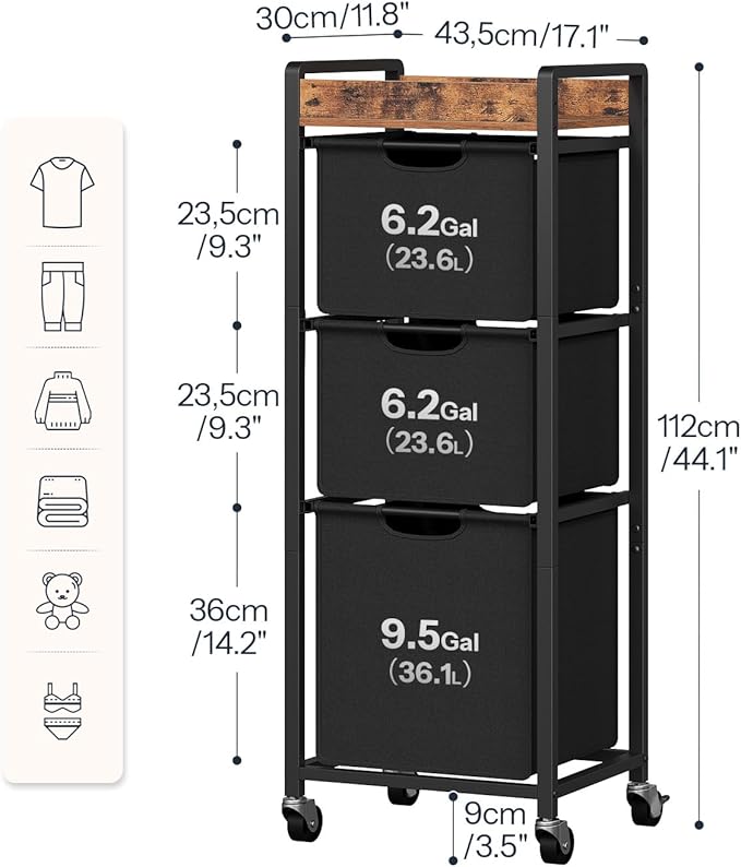 HOOBRO Vertical Laundry Hamper with Wheels, Slim 3 Section Laundry Sorter, Space Saving Rolling Laundry Cart with Removable Bags & Shelf, Laundry Basket for Bathroom, Bedroom, Rustic Brown