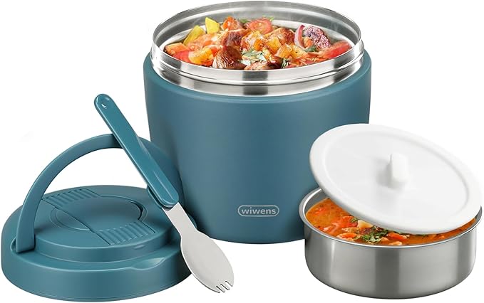Thermo Food Jar for Hot Food Adults 32OZ Soup Thermo Lunch Containers Wide Mouth Vacuum Insulated Stainless Steel Leakproof Bento Box with Spoon (lake blue)