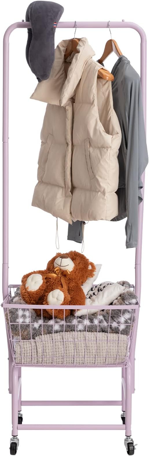 ALIMORDEN Laundry Cart with Clothes Rack, Rolling Laundry Butler with Wire Storage Rack，Purple