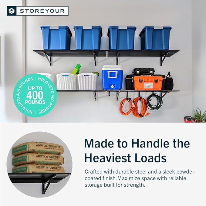 StoreYourBoard Heavy Duty Garage Shelf Wall Mount 1ft x 4ft – Wall-Mounted Shelving for Storage & Organization – Heavy Duty Garage Shelves for Tools, Bins, & Equipment – Holds 400 lbs – Black