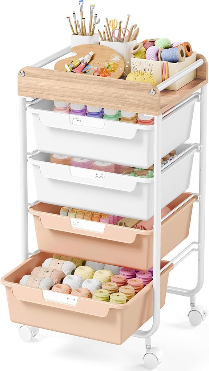 Rolling Craft Storage Cart with 4 Drawers,Utility Cart with Drawers,Art Craft Organizers and Storage,Kids Craft Cart,Kids Art Cart With DIY Lable and Wooden Tabletop Area, Pearl