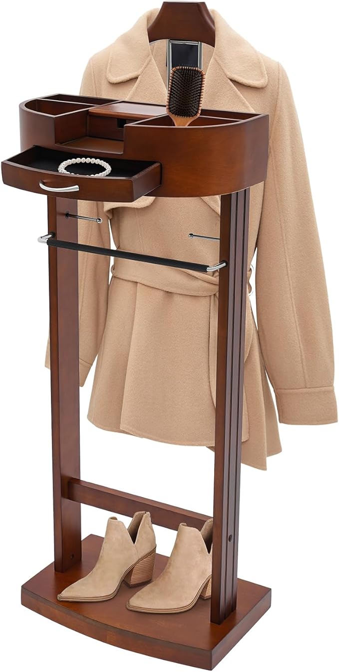 Wood Suit Rack Valet Stand for Men and Women, Freestanding Clothing Rack Organizer with Drawer & Base Vertical Suit Valet Stand for Hats, Bags, Clothes 22 lbs Capacity (Brown)