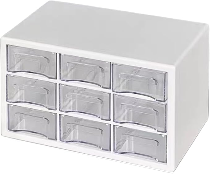 Feadily 1PCS Large Drawer Organizer for Desk, Desktop Drawer Organizer with 9 Clear Drawers, Plastic Desktop Storage Drawers 10.04 Inch x 6.30 Inch x 6.10 Inch, White