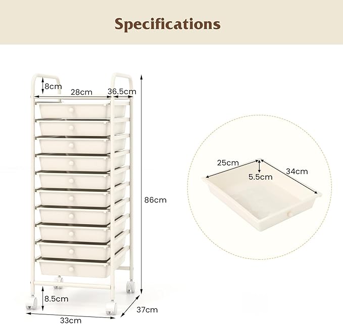Storage Cart, Rolling Utility Cart with 10 Drawers, Portable Handles & Lockable Wheels, Mobile Paper Toys Storage Organizer Large Capacity for Home Office School Teacher (White)