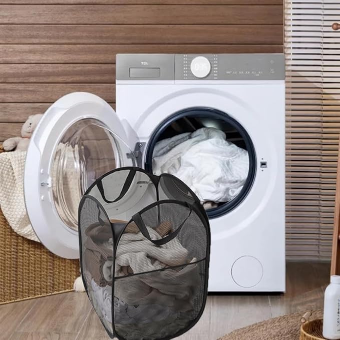 2 Packs Mesh Pop up Laundry Hamper (Black) with Portable Handles, Collapsible for Storage, Foldable Pop-Up Laundry Bags for Home, College Dorm or Travel