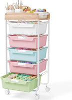 Utility Cart with Drawers,Craft Cart with 5 Drawers,Art Supply Organizer,Rolling Drawer Cart,Craft Storage Cart,Storage Drawer Carts With DIY Lable and Wooden Tabletop Area,Colorful