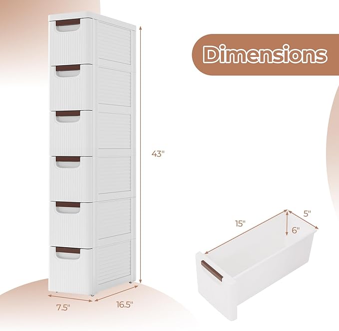 Giantex 6 Drawers Storage Cart, Narrow Plastic Dresser, Rolling Organizer Cart for Office Classroom Bedroom Bathroom Art Craft Supplies, Mobile Slim Utility Cart on Wheels (7.5"x16.5"x43")