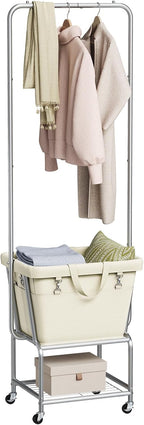 ELYKEN Laundry Cart with Hanging Rack, Rolling Laundry Hamper with Wheels, Laundry Basket with Removable Liner Bag and Shelf, Sturdy Metal Frame Dirty Clothes Basket for Hotel, Home, Closet, Dorm