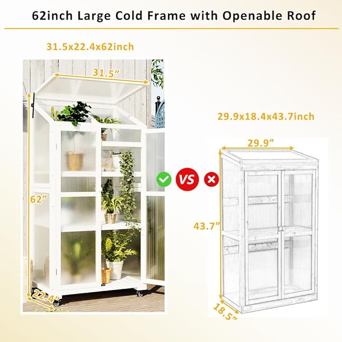 Sturdy Wooden Greenhouse for Balcony or Backyard Use with Rolling Wheels and Adjustable Shelving for Plant Growing (White + Solid Wood + Wood)