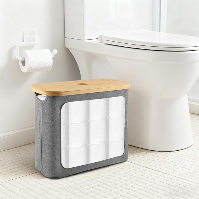 Extra Toilets Roll Storage for 12 Rolls, Toilet Paper Storage with Bamboo Lid, Collapsible Bathroom Toilets Papers Holder Organizer(Color:Grey)