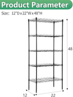BestOffice | 5-Tier Wire Storage Shelves | 22x12x48 | Black | with Adjustable Racks | Heavy-Duty Metal Shelf, Holds Upto 750 lbs | No-Tool Assembly | Ideal for Home & Garage Shelving