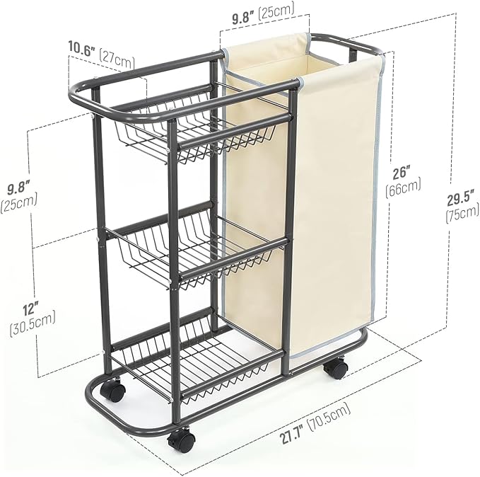 Narrow Laundry Cart with Wheels,3 Baskets and 45L Laundry Bag Metal Rolling Cart for Small Space,Laundry Room Organization and Storage for Bathroom Living Room Apartment Dorm