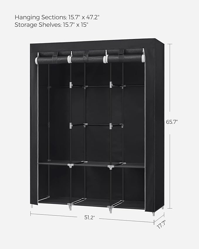 SONGMICS Portable Closet, Wardrobe Closet Organizer with Cover, 3 Hanging Rods and Shelves, 4 Side Pockets, 51.2 x 17.7 x 65.7 Inches, Large Capacity for Bedroom, Living Room, Ink Black URYG092B02