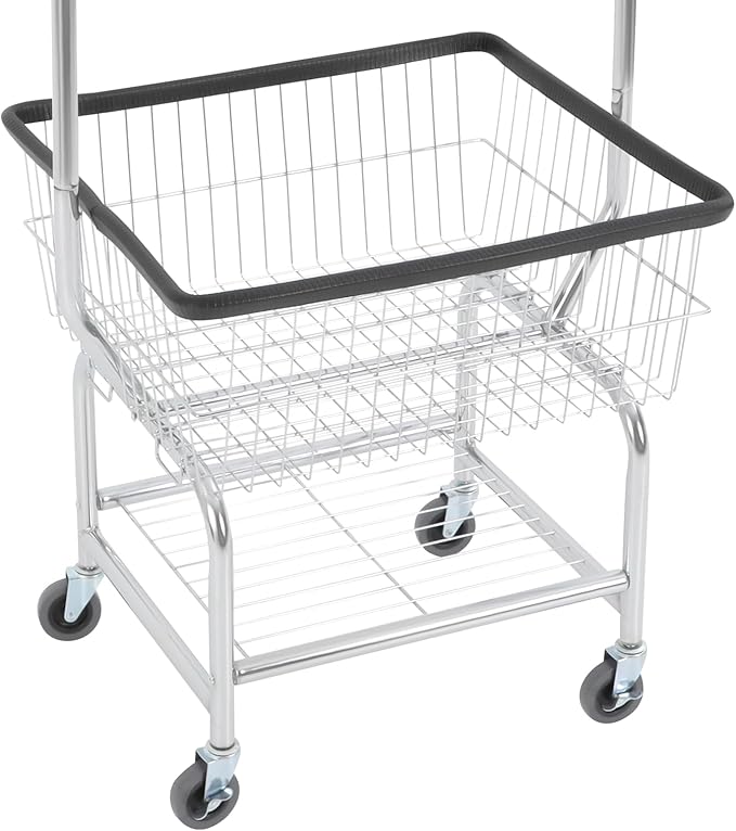 Laundry Cart with Hanging Rack, Metal Laundry Basket with Wheels, Laundry Hamper with Storage Basket & Shoe Rack, Rolling Laundry Hamper Sorter(110LBS Capacity,19.69" x 15.75" x 70.87", Black Trim)