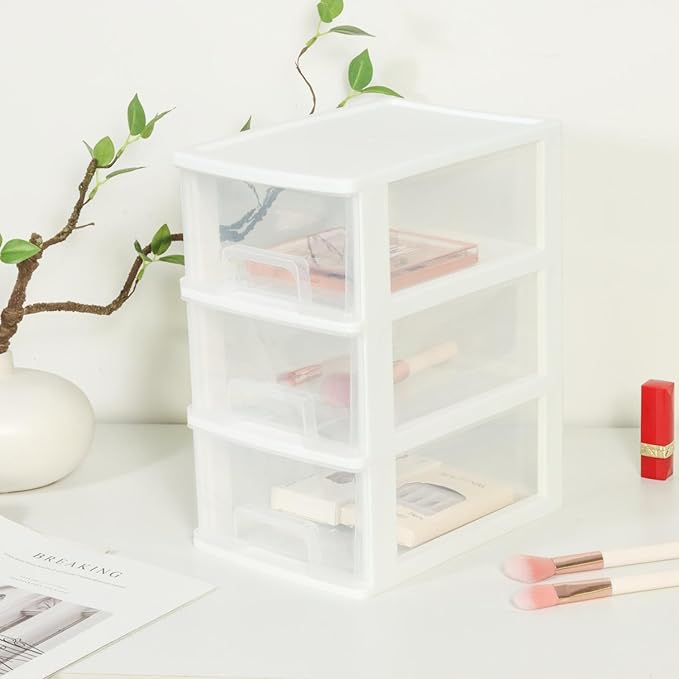 Gonice Small 3 Drawer Storage Organizer, White Plastic Drawer Storage, Small Desktop Organizer for Home, Office