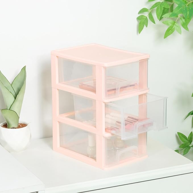 Gonice Small 3 Drawer Storage Organizer, Pink Plastic Drawer Storage, Small Desktop Organizer for Home, Office