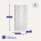 HOMZ 5-Drawer Storage Cart, Clear Plastic Drawers, 14.25" Wide Medium, White Frame - Organizing Drawer Containers for Home, Bathroom, Bedroom, Office, and Classroom