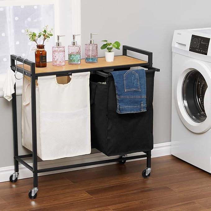 Laundry Hamper Cart, 2-Compartment Laundry Basket with Wheels, 93L Laundry Sorter with Removable Bags and Handle, for Bathroom, Dorm, Laundry Room