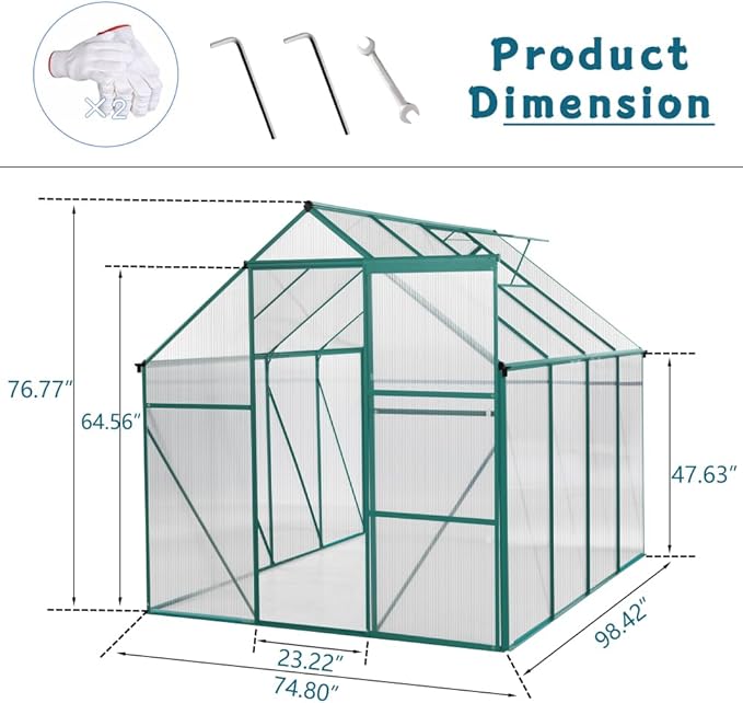 6 x 8 FT Outdoor Patio Greenhouse, Polycarbonate Board, Raised Base, Sliding Door, Adjustable Roof, Window Greenhouse, Anchor Aluminum Heavy Duty Walk-in Greenhouse