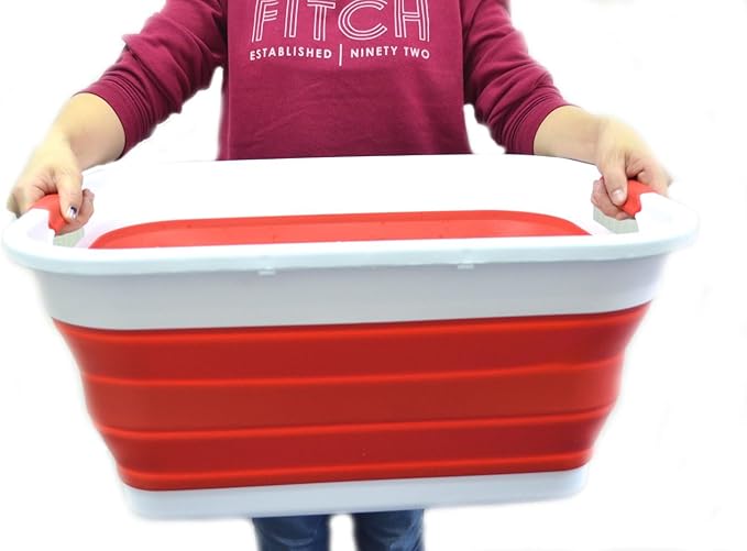 SAMMART Set of 2-41L(10.8 gallon) Collapsible Plastic Laundry Basket-Pop Up Storage Container-Portable Washing Tub-Space Saving Hamper/Basket, Water capacity:32L(8.4 gallon) (2 Rectangular, Red)