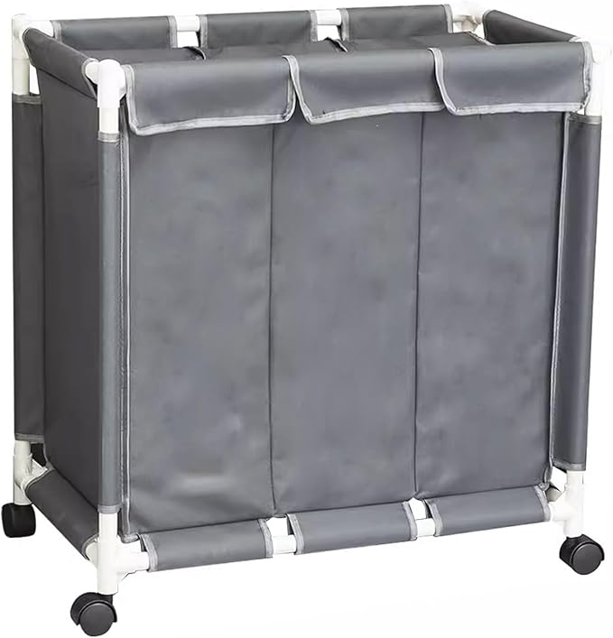 Laundry Sorter 3 Section with Lid 95 L Laundry Hamper with Wheels Reinforced Sealing Multi-Purpose Laundry Basket with Removable Inner Pocket(Gray)
