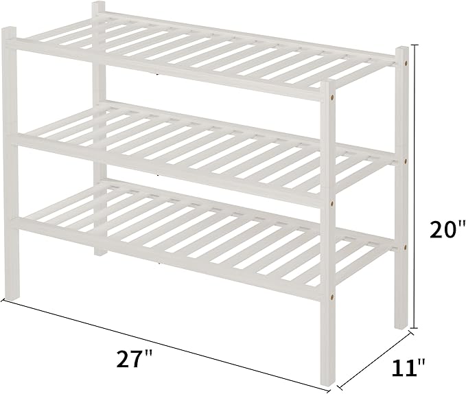 3 Tier Bamboo Shoe Rack for Closet Free Standing Wood Shoe Shelf Storage Organizer for Entryway Small Space Stackable 27"x11"x20" (White)